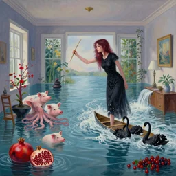 tall female emo artist in their flooded apartment, painting of flood waters inside an artist's home, a river flooding indoors, pomegranates, pigs, ikebana, zen, water, octopus, river, rapids, waterfall, black swans, canoe, berries, acrylic on canvas, surrealist, by magritte and monet