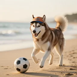 a playful brown husky wearing a cap, playing soccer at the beach, Golden hour, bokeh, 4k photo,