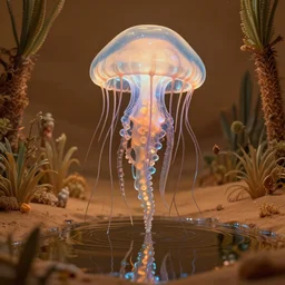 creature octo jellyfish in a desert lush vegetation, warm tones, night, water reflection, bioluminescent translucent : : by michal karcz, daniel merriam, victo ngai and guillermo del toro : : ornate, dynamic, particulate, intricate, elegant, highly detailed, centered, artstation, smooth, sharp focus, octane render, 3 d