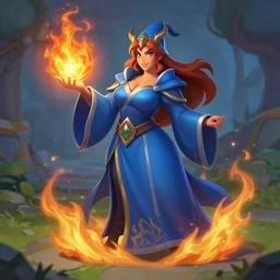 Who : a mage with a blue robe casting a fire ball ; Body type : voluptious hourglass ; IMPORTANT : Hearthstone official splash art, award winning, trending