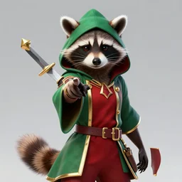 a raccoon in a green, hooded rouge outfit with gold accents holding dagger, pointing it at camera, trending on art station