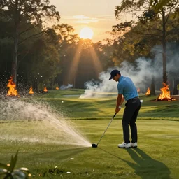 close-up of an athletic golf player in a lush golf course with automatic watering, a water spray, magical lights, golden hour, surrounded by burning forests, smoke from the fire, digital painting, 4k, forest ray light, particles light, by sasha kalinkin, Noah Bradley, ilya kuvshinov