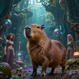 sanctuary capybara,in the style of Zoran Janjetov and Julie Bell and Donato Giancola,trending on artstation, lanky lighting low angle view,mandelbulb 3d,Sabattier filter ,afrofuturism ,futuresynth ,Blade Runner 2049 ,