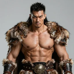 barbarian, jackson wang, fierce, big muscles, large muscular chest, fur leather armor!!! handsome golden hair male!! character concept art, sharp focus, octane render! unreal engine 5! highly rendered!! trending on artstation!! detailed linework!! illustration by artgerm, wlop, and chie yoshii