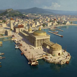 aerial view of the docks of ancient troy by ralph horsley, rossdraws, matte painting, stylized background, cinematic lighting, maya, pixar, unreal engine, artstation