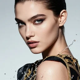 close up of face of fashion model, luxury dress, splashed with water, official versace editorial, highly detailed