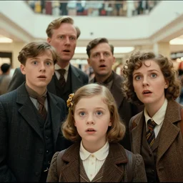 sharp, highly detailed, high quality 70mm frame scan from a sci fi blockbuster color movie made in 2019, a family of four time travelers from 1930 travel in time to 2019, appearing in a shopping mall, looking surprised, the family are all wearing 1930s era clothes, good lighting, in focus, cinematic still, high quality scan, in focus, 35mm macro lens, detailed eyes, realistic faces and details, oscar winner, award winning lighting, award winning photography, ultra high definition