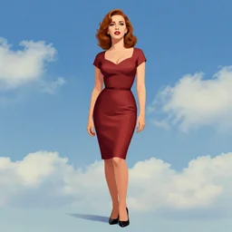 full body illustration of christina hendricks in the style of bill medcalf, mario testino, blue sky with a few clouds, retro, 1 9 5 0, 4 k, detailed, 1 / 3 headroom, cinematic rule of thirds