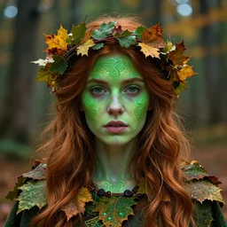 masterpiece portrait of beautiful young autumn forest green girl with long auburn hair and wreath, kind eyes, wearing a leaf cloak, hyper realistic face, volumetric lighting, celtic fantasy art, psychedelic, in the style of greg rutkowski, donato giancola, tom bagshaw, intricate, hyper detailed, smooth, vibrant aura