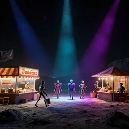 Alexander Jansson style, A lunar landscape, darkness, nocturnal lighting, colored spotlights, psychdelic lights, gloom, fast food stalls and street market, extraterrestrials with psychedelic costumes walking and old robots buying and eating, realistic, many details, octane Render Ultra Detailed detailed detailed, Unreal Engine 5, HDRI,