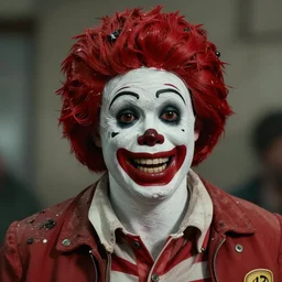 film still photo portrait of a crazed homeless beaten up ronald mcdonald, realistic, hyperrealistic, 8 k resolution, hd quality, very detailed, highly detailed, intricate details, real life, real world, trending on artstation, digital art, really realistic, very realistic, headshot, head in frame, photograph, portrait