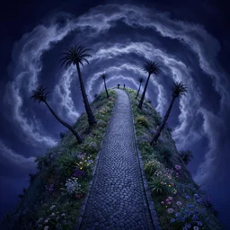 shot from a birds eye camera angle, night dark, curled perspective digital art of spiral clouds cobblestone street with wildflowers top of a hill with curly palmtrees by anton fadeev from nightmare before christmas