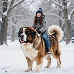 girl riding a giant saint Bernard in a snowy park, trending on artstation