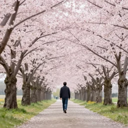 a man walks through cherry blossom trees, digital art
