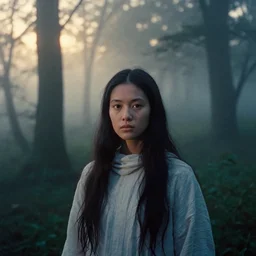 portrait bust of young woman, tarkovsky movie, film grain, kodachrome, dense forest, long black hair, cloth, heavy fog, hudson river school, 4 k, dramatic lighting, sunrise, hayao miyazaki, masashi ando, nizou yamamoto, kazuo oga, joe hisaishi, yoji takeshige, naoya tanaka