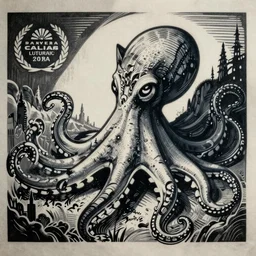 octopus with a cat head, linocut
