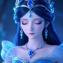 photo of princess of sapphire, closed eyes, head down, glowing, ornate and intricate blue jewelry, jaw dropping beauty, glowing background lighting, blue accent lighting, hyper detailed, 4 k octane render