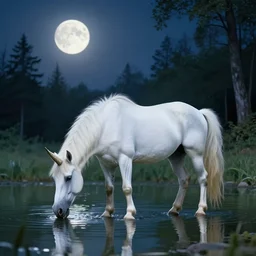 a white unicorn drinking from a lake. the moon shines in the background forest on the unicorn. beautiful artstation, 4 k, hdr.