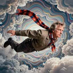 tom baker using his scarf to fly, psychedelic, clouds, 4 k, intricate high details, sharp, 1 9 7 7, photo realistic, matt finish, realistic shadows, psychedelic