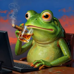 portrait of pepe the frog drinking whiskey front of computer and lighting a cigar, 1 7 th century, digital art, wet - on - wet technique, realistic, expressive emotions, intricate textures, illusionistic detail, peter mohrbacher, epic, artstation, vivid sky, junji ito, detailed hands, detailed faces,
