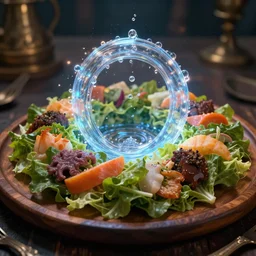 a closeup of a magically generatrd food. medieval. wooden plate. delicacies. salad. ring that generates food and water. magic. particles. cinematic lighting. particle lights. trending on artstation, craig mullins, rutkowski