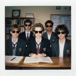 vaporwave, grainy portrait polaroid film photograph of a schoolbook where everyone is wearing sunglasses and super serious. one of them is a mannequin. super resolution. extremely detailed. just a little weird. polaroid 6 0 0 film. by annie leibovitz and richard avedon