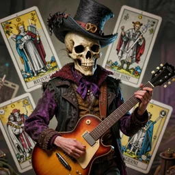 Mad hatter,guitar,death tarot card,highly detailed,half skull face,cinematic,8k,by Stanley Artgermm,Tom Bagshaw,Greg Rutkowski,Carne Griffiths, Ayami Kojima, Beksinski, Giger,trending on DeviantArt,hyper detailed,horror, full of colour