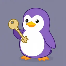 2 d purple penguin holding a key. disney art style. digital art. simple.