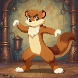 a dashing weasel bandit furry fursona animal character { with tail }, mid - action pose on a painted elaborate industrial background by peder balke, this fursona has [ a tail! ]