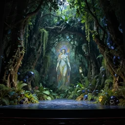 a victorian opera stage, distopian, overgrown by a lush forest, wet, shiny, labradorite, by giger and alphonse mucha, cinematic lighting, volumetric atmosphere, cinematography by roger deakins