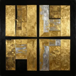 symmetrical, shiny!!!! award - winning painting, abstract, gold and silver shapes, rectangles, geometry, elegant, luxurious, beautiful, pitch black background, dali