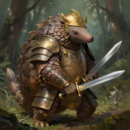 photo of a humanoid pangolin dressed in armor with a golden helmet on the head, hold sword in the forest, highly detailed, digital painting, artstation, smooth, sharp focus, illustration, art by artgerm and greg rutkowski and alphonse mucha