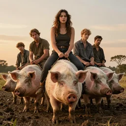 riding on large muddy pigs, golden hour, detailed faces, lilia alvarado, sophie anderson, mark arian, bob byerley, charlie bowater, mark brooks, justin gerard, ross tran, wlop, william adolphe bouguereau