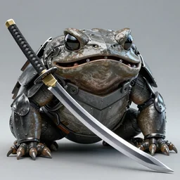 a photo of  a huge wide toad in a futuristic armour with Japanese katana sword, open helmet cyberpunk, Japanese style, hyper realistic, hyper detailed, sharpened, coherent picture, volumetric lightning, neon, electric colours, Filmic, Cinematic, Dramatic, Film Grain, Kodak Portra, Depth of Field, octane render, 4k, raytracing, blender