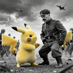 pikachu fighting stalin in ww 2 uniform and a mustache, fighting in world war 2, photorealistic, high detail, realistic, sharp focus, smooth edges, soldiers in the background! black & white!, dramatic, sky on fire with dogfights in the sky. wide angle