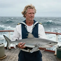 Old sailor Willem Dafoe in captain's clothes holds a shark at arm's length, stands on the deck against the background of a raging sea, the background is blurred, focus in the foreground, realism, details,