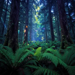 photograph of a dense mystic forest, breathtaking lights shining, psychedelic fern, 4k, Acid Pixie, by thomas kinkade
