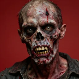 up close photograph of a real - life zombie from the tv show the walking dead skin and jaw, studio camera shot on a red 5, award winning vfx and cinematography