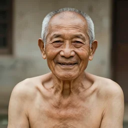 old man smiling, shirtless, stock photo