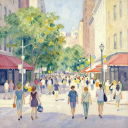 big city bustling with people on a hot summer day, watercolor painting, morandi color palette, very beautiful masterpiece by a very talented artist, stunning
