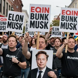 many clones of elon musk protesting in the street, street photo. 4k