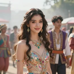 a beautiful fashion big eye girl wear flashy dress and a handsome boy wear traditional outfits in festival | | sunny, dreamlike art, mist, realistic shaded, smile, good looking, fine details, 4 k realistic, cryengine, realistic shaded lighting poster by greg rutkowski, magali villeneuve, artgerm, jeremy lipkin and michael garmash and rob rey