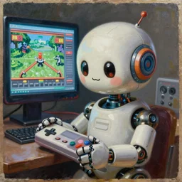an elaborate cute robot holding a retro game controller in its hand, computer screen is shown in background playing video game, intricate details, hyperrealistic oil painting on canvas, deep depth field, hd, hdr, 4 k, 8 k, by gerardo dottori, oil on canvas