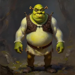 dramatic oil painting of full body shrek as thrall from world of warcraft, artstation, shrek, epic, dramatic,