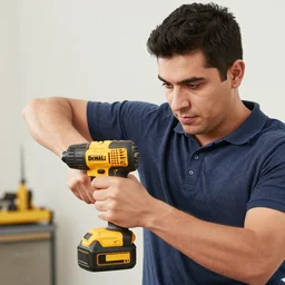 latino man using cordless power tool made by dewalt