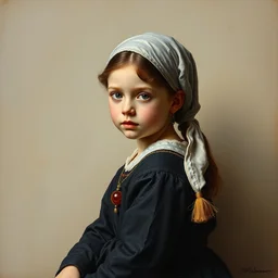 a little girl embroidery, fine art, muted background, calm colore. oil paiting by jan vermeer, masterpiese