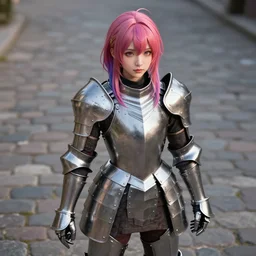 a masterpiece ultrarealistic ultradetailed photograph of a lifelike real anime girl that is dressed in steel plate armor, gorgeous, surrounded by cobblestone, photoreal image, art by wlop, photoreal, colorful hair, highly rendered, blender, unreal engine, readable, extremely detailed, trending on artstation, sharp focus, by artgerm