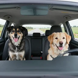 a car with two dogs in the front seats, a happy dog in the back seat, driving on a country road, photorealistic