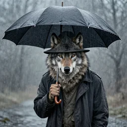wolf with hat and umbrella in the rain, by leonid afremov