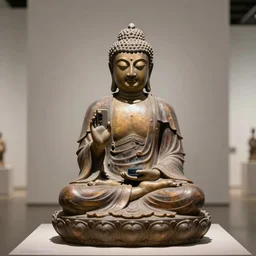 beautiful sculpture of meditating buddha holding a smartphone, in a gallery setting. professional studio photo, full object in middle, soft lighting, centered, 1 5 0 mm lens, high definition